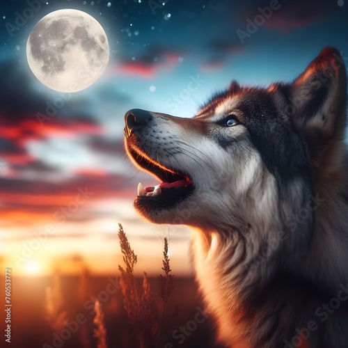 Wolf howling at the moon photo