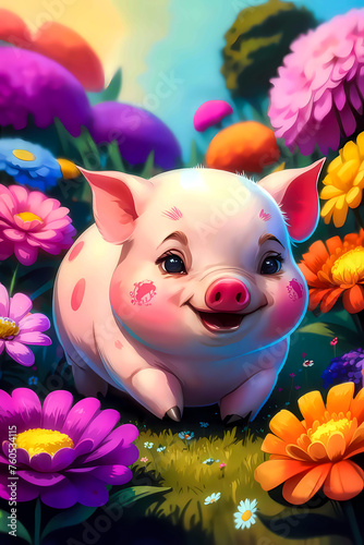 Enchanting piglet's garden adventure, charming illustration for kids' books, book covers, prints, featuring a plump pink piglet exploring lush floral garden. Round-bodied piglet with expressive eyes 