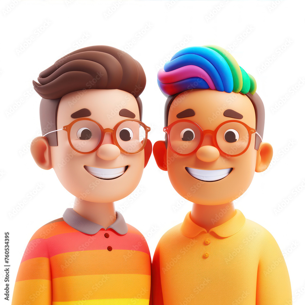 Fototapeta premium Simple Cartoon 3D illustration of two friends with rainbow hair isolated over white background