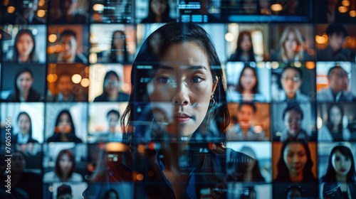 A focused professional woman with a serious expression looking through a glass panel displaying a montage of diverse faces on virtual screens photo