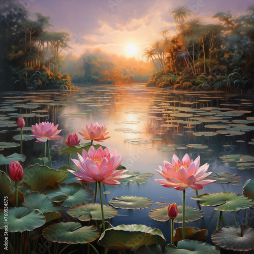 A painting of a river with a sunset in the background © siriwan