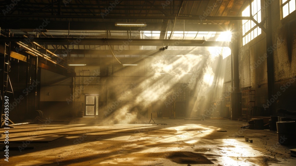 Sunlit abandoned industrial interior with dust - Sun rays infiltrate through large windows, illuminating dust particles in a desolate abandoned industrial setting