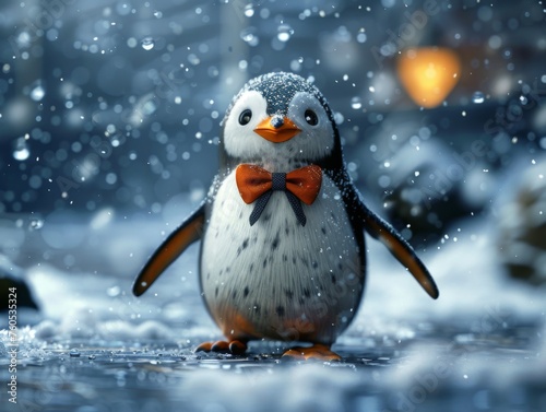 Snowy penguin with bright bowtie under lights - Chubby penguin with an orange bowtie serenades the snowy evening while basking under the warm glow of festive lights © Mickey