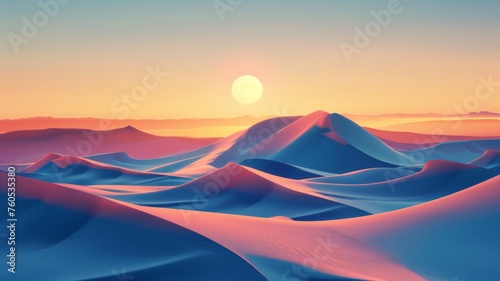Sunset over tranquil blue dunes - Peaceful dusk setting over gentle blue dunes, emanating stillness and magnificence