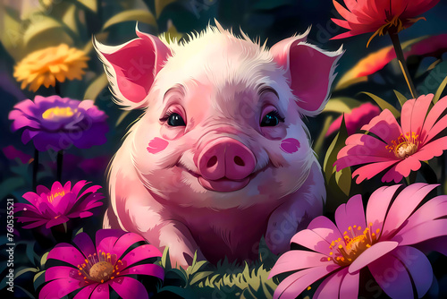Pig with cute snout and blush smiles sweetly in garden among flowers for children's books, prints, stationery, merchandise, educational materials, branding, event invitations, storytelling, media