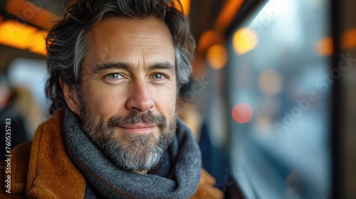 Charismatic man smiling on train journey - winter travel concept