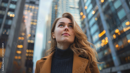 A thoughtful woman in a fashionable coat looks upwards against an urban backdrop with skyscrapers during twilight.