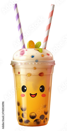 In the picture, there is bubble milk tea with a cute face. Generate AI	
