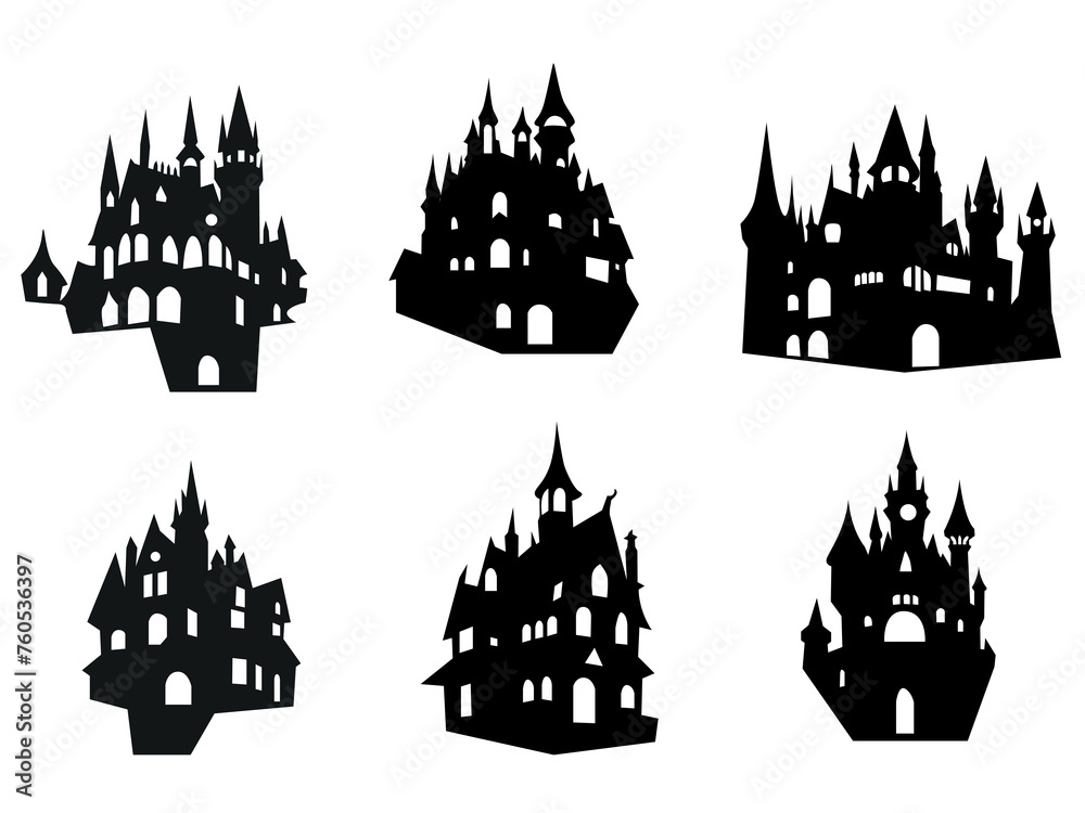 set of halloween house decoration clip art silhouette.haunted scary house vector illustration isolated on white background