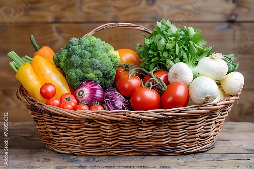 A basket of vegetables sitting on a table next to a wooden wall and a wooden floor with a wooden