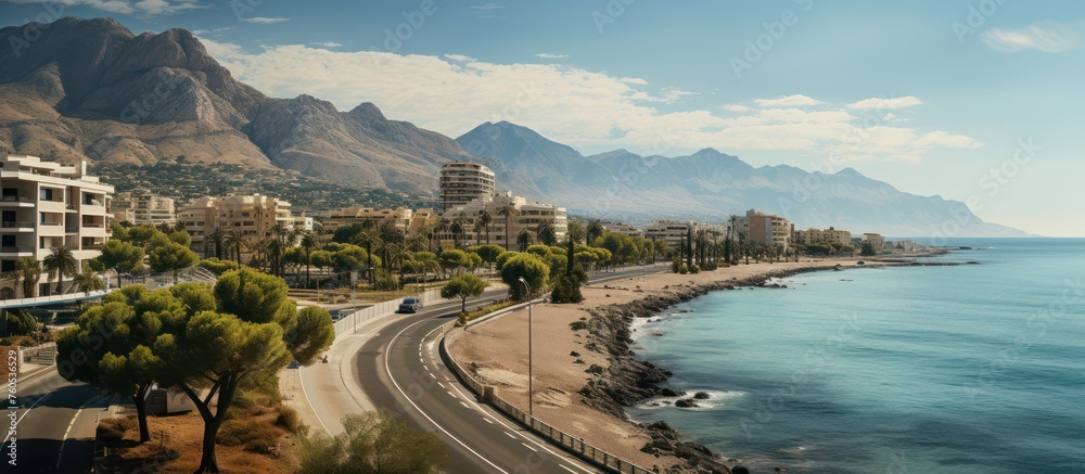 beautiful Albir town with main boulevard promenade, seaside beach and Mediterranean sea - obrazy, fototapety, plakaty 