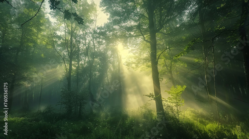 Sunlight streams through a misty forest  casting rays of light among lush green trees and illuminating the tranquil woods with a magical glow.