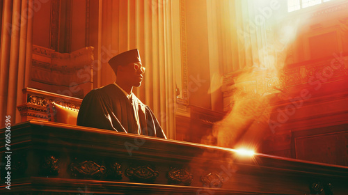 a lawyer, behind the table in the morning sunlight