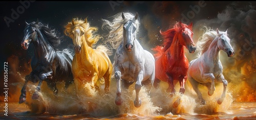 Horses galloping in the sky, colorful, majestic and powerful