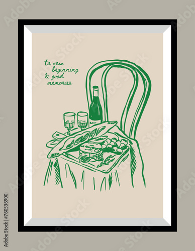 Minimalist hand drawn food and beverages vector print poster in a frame. Matisse style art. Art for postcards, branding, logo design, greeting card
