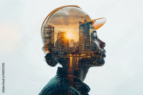 Construction worker overlay with cityscape. A conceptual image blending a construction worker's silhouette with a vivid cityscape, symbolizing urban development and the workforce that builds it photo