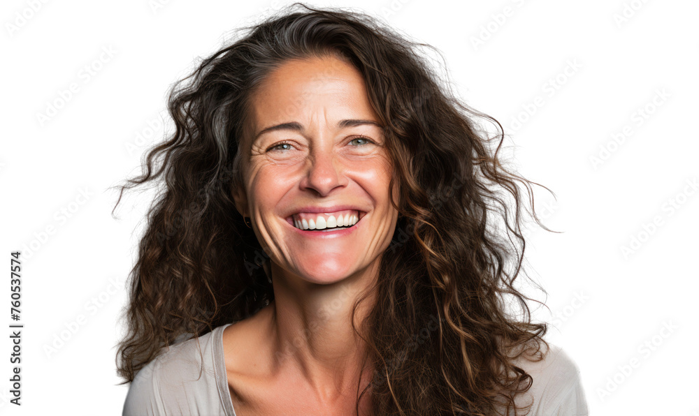 Happy mature woman laughing with long brown hair, isolated on transparent background cut out Happy mature woman laughing with long brown hair, isolated on transparent background cut out