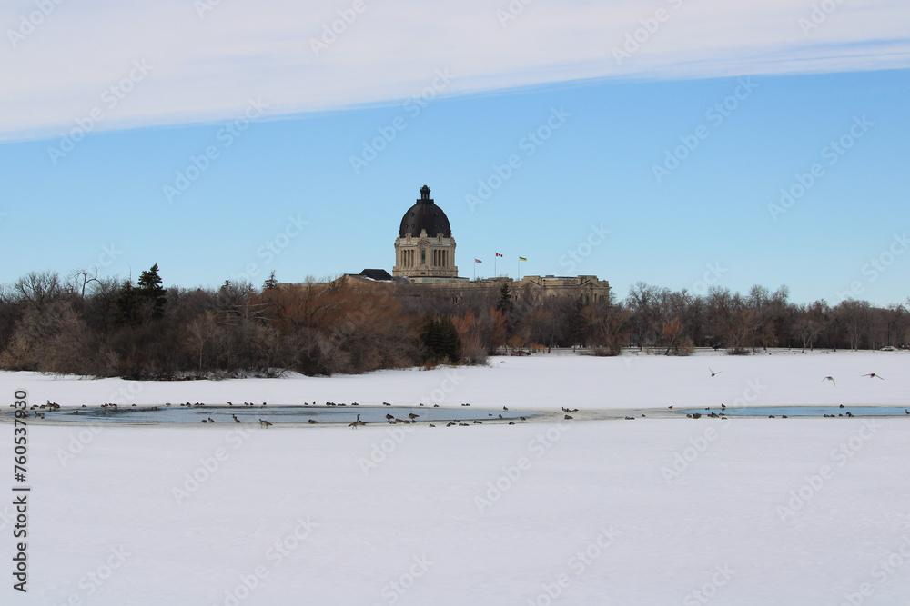 Late winter view Saskatchewan Legislature open water geese