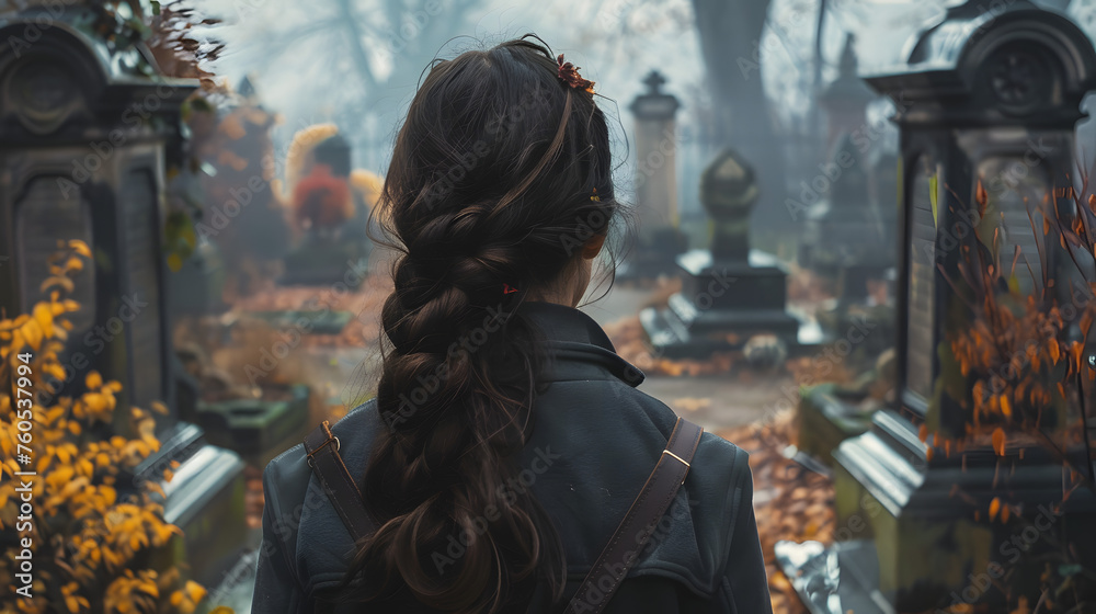 Rear view ai generated picture of sad lonely person visiting relatives standing at cemetery alone Rear view ai generated picture of sad lonely person visiting relatives standing at cemetery alone