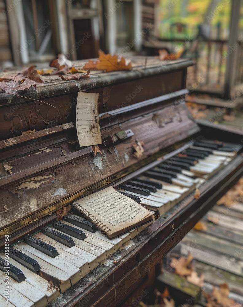An old piano with broken keys, the music sheets on it have been torn off and thrown away, in an abandoned living room with natural light
An old piano with broken keys, the music sheets on it have been torn off and thrown away, in an abandoned living room with natural light