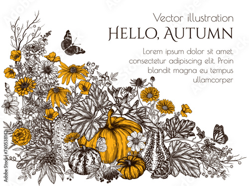 Vector autumn still life in engraving style. Pumpkins, autumn flowers, berries and butterflies