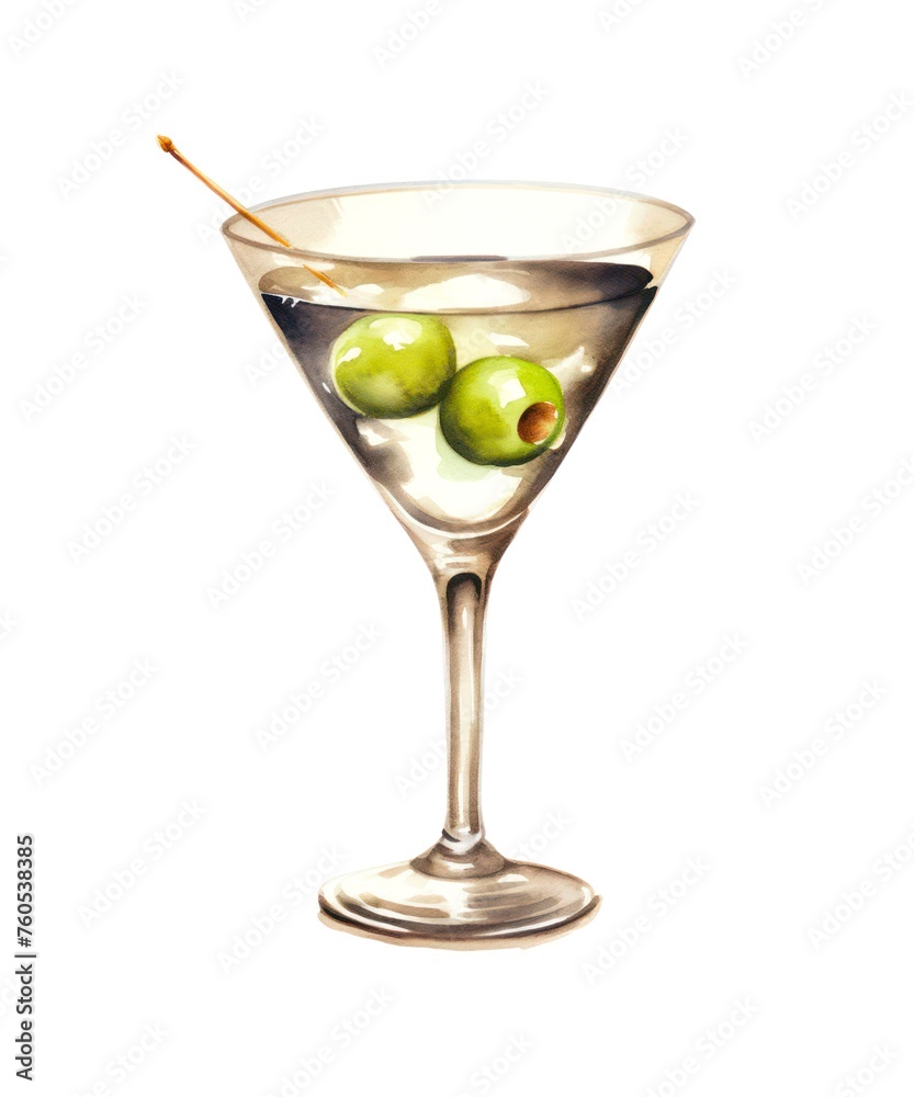 Fototapeta premium Watercolor illustration of a martini cocktail isolated on white background.