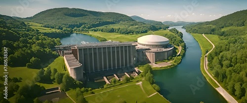 hydroelectric power plant surrounded by green grass, cinematic, aerial drone, wide angle photo