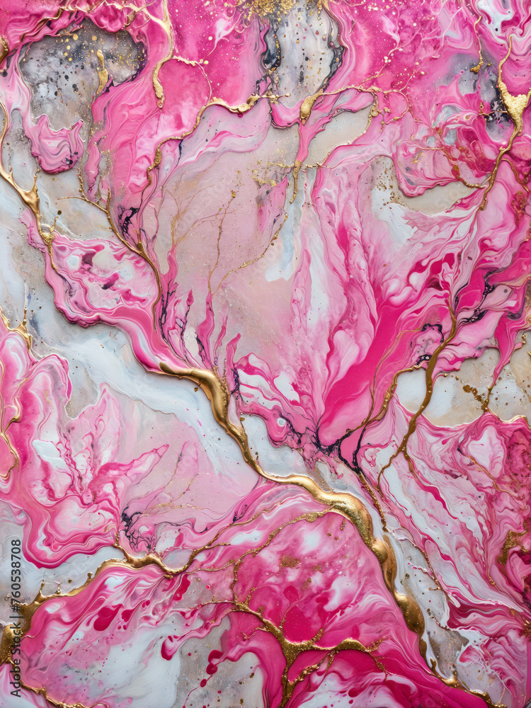 Ink Abstract: Rosy Pink Paint with Watercolor Stone and Liquid Marble Texture, Modern Gold Glitter Pink Design Splash - Design Template, Wallpaper, Background - Artistic Luxury for Creative Projects