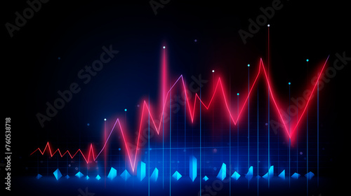 Background with business growth graph, blue and red colors. Abstract image of graphs, geometric shapes, scales of growth and decline. Background for business presentations. Bright stylized background