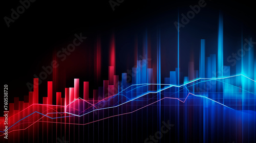 Background with business growth graph, blue and red colors. Abstract image of graphs, geometric shapes, scales of growth and decline. Background for business presentations. Bright stylized background © Mariia