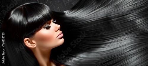 Brunette woman with long shiny hair on dark background, hair care concept, copy space available photo