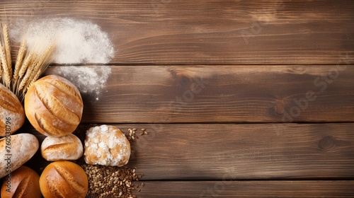 Assorted freshly baked bread on wooden backdrop, top view with ample space for text placement photo
