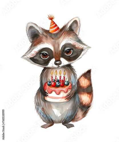 Watercolor illustration of a cute raccoon holding birthday cake isolated on white background.