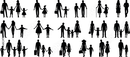 Family silhouettes, diverse activities, parents, children, walking, holding hands. family Vector illustrations, universally relatable, perfect for family services ads, banners