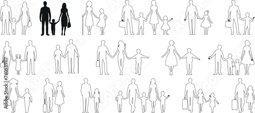 Family line art, diverse family compositions, black family outline on white background, vector illustration. Ideal for web graphics, depicting togetherness, bonding, generations