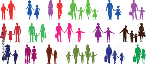 diverse family silhouettes. Depicts parents, children, couples, and single parents in various postures. Perfect family vector for family, diversity, and relationship themes
