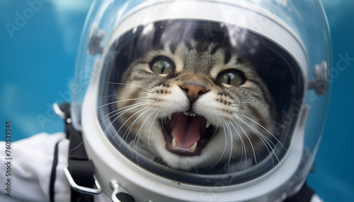 Happy Astronaut Cat with a Space Helmet on Cosmic Blue Background in the Earth Atmosphere. Close up.