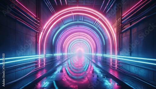Vibrant and colorful neon lit tunnel creating a futuristic and surreal visual experience with reflections on the floor.
