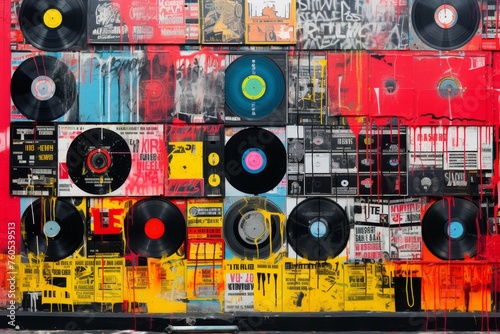 Vibrant grunge collage vinyl records and pop art graffiti juxtaposed in a burst of colors.