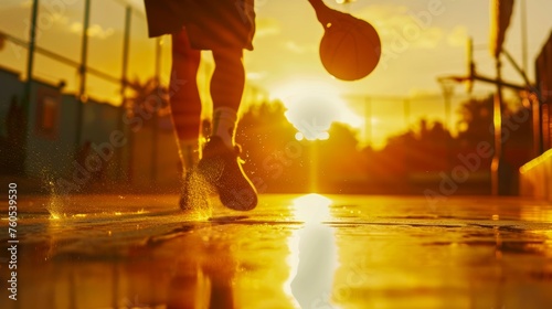 An active basketball player taking a shot during a vibrant sunset on an outdoor court