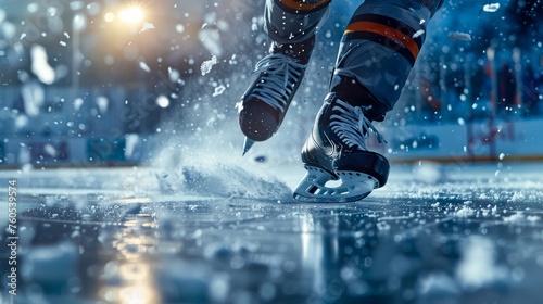Intense action shot capturing the dynamic movement of a hockey player skating on ice with flying ice particles