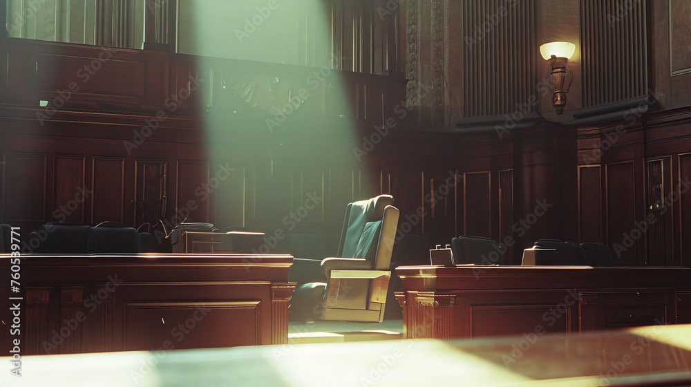 beautiful blurred background of an empty courtroom, capturing the essence of the legal system, justice concept, and the solemn ambiance of a judicial setting