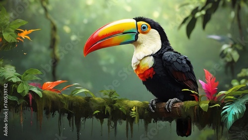 Colorful toucans, like the Keel-billed toucan, inhabit the lush forests of Central and South America, adding beauty with their vibrant plumage and large bills. photo