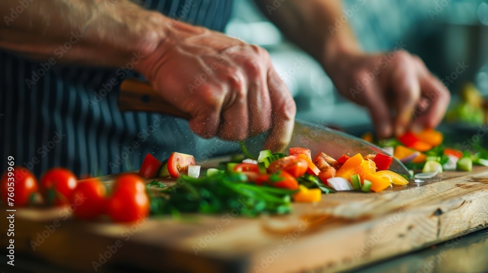 Professional chef slicing diverse fresh vegetables on a wooden board in a modern kitchen highlighting culinary skills