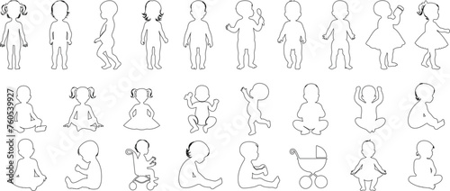 Baby line art, simple, minimalist black and white illustrations. Depicting babies in various stages, activities. Ideal for parenting resources, children’s books, educational materials