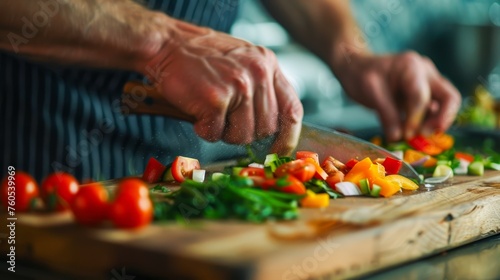 Professional chef slicing diverse fresh vegetables on a wooden board in a modern kitchen highlighting culinary skills