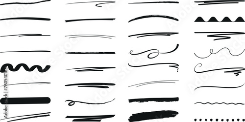 Black underline strokes vector set. Hand drawn lines of various styles, perfect underlines for text highlighting or design enhancement. Minimalist, clean aesthetic underline. Editable stroke width
