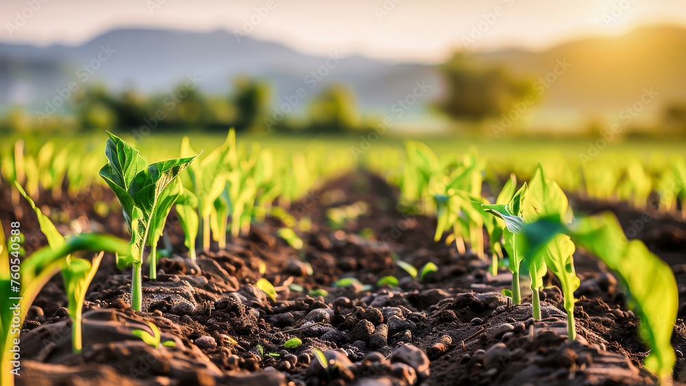 Young green plants growing in fertile soil with a backdrop of sunrise ...