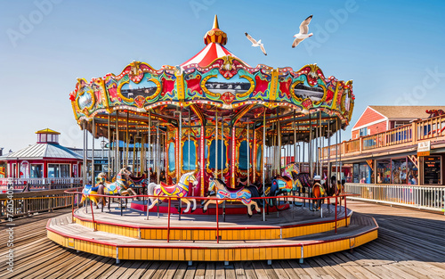A colorful, vintage carousel on a sunny seaside boardwalk with flying seagulls, embodying joy, leisure, and family fun.