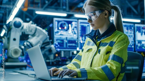 A professional female worker in a reflective vest is focused on her laptop in an advanced manufacturing unit with robotics in the background photo